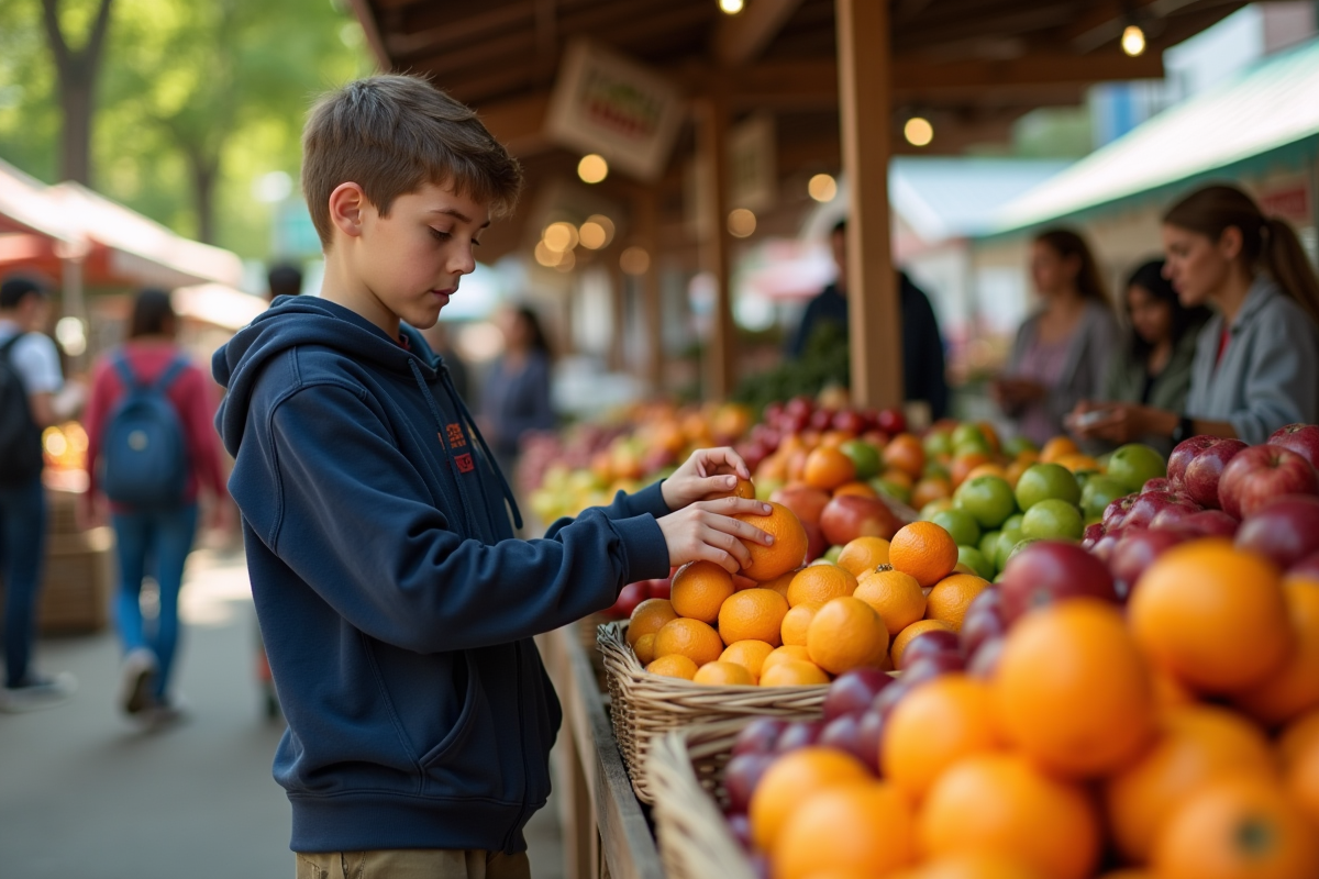 Adolescent choisissant des fruits dans un marché en plein air