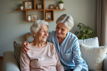 Assistante aidante souriante avec une personne âgée dans un salon chaleureux