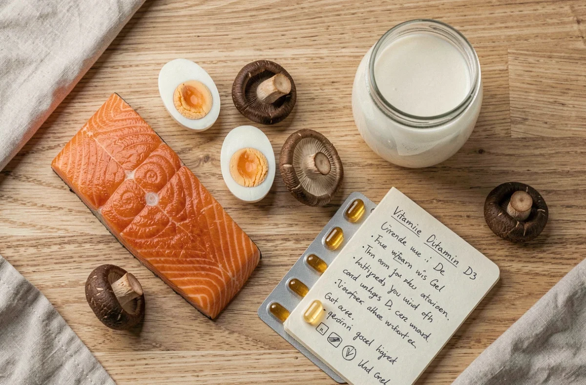 Vue de dessus d'aliments riches en vitamine D et compléments alimentaires disposés sur une table en bois