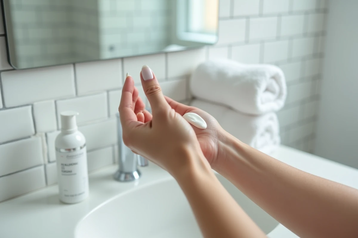 Application d'une crème à l'acide hyaluronique Ialuset sur la peau sèche d'un avant-bras en salle de bain