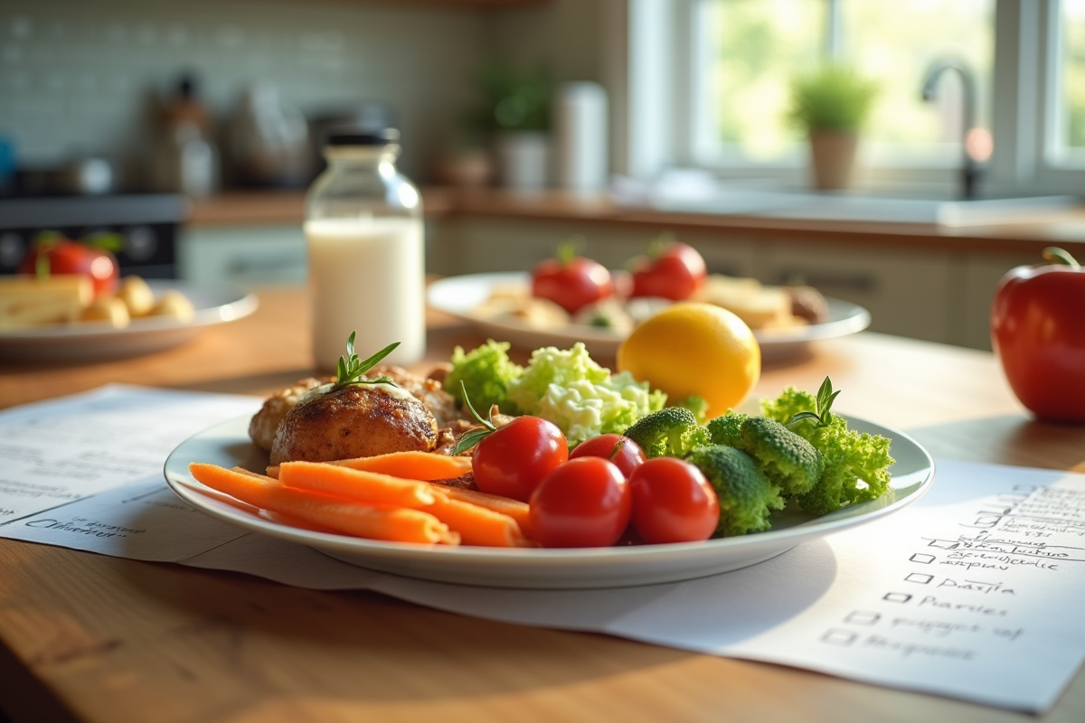 Assiette colorée avec aliments sans allergenes et notes