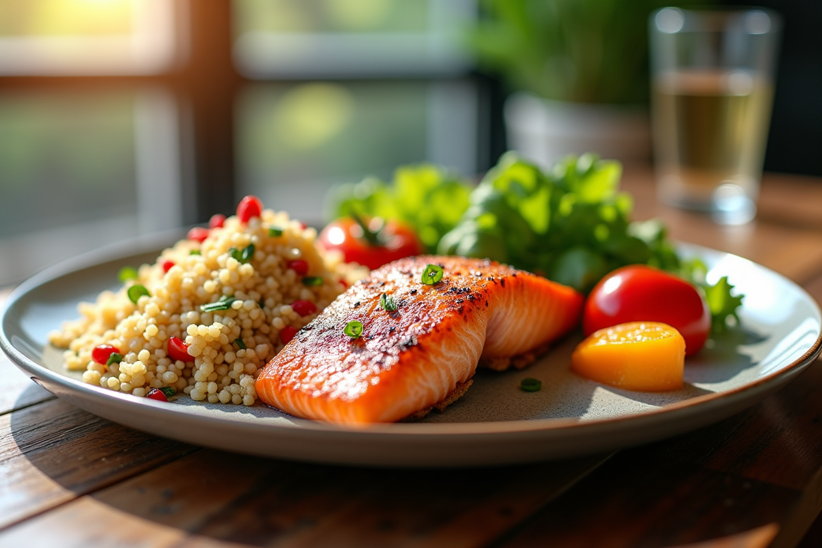 Assiette colorée avec saumon grillé quinoa et légumes frais