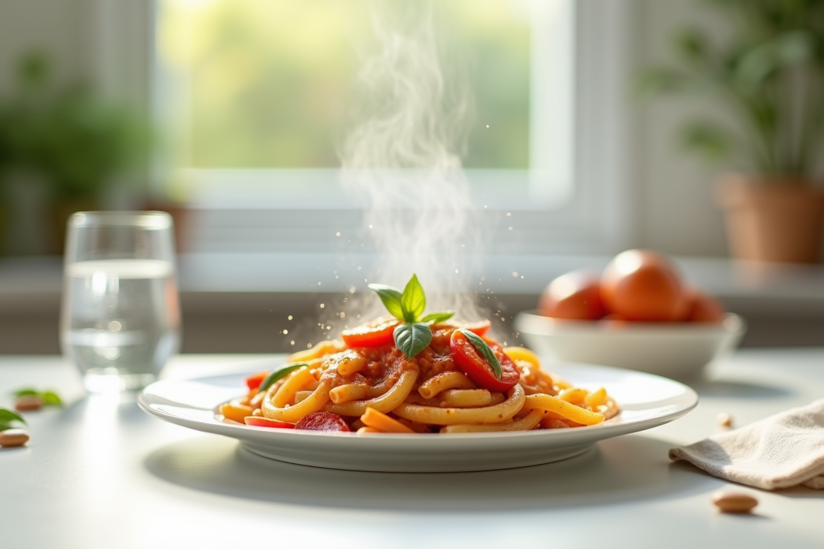 Assiette de pâtes avec sauce tomate et légumes frais