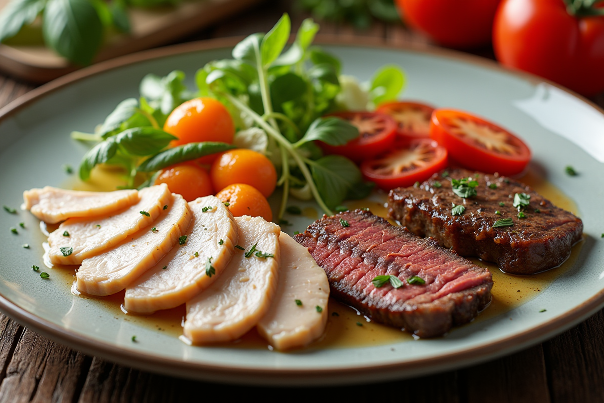 Assiette avec viandes maigres et légumes colorés en daylight doux
