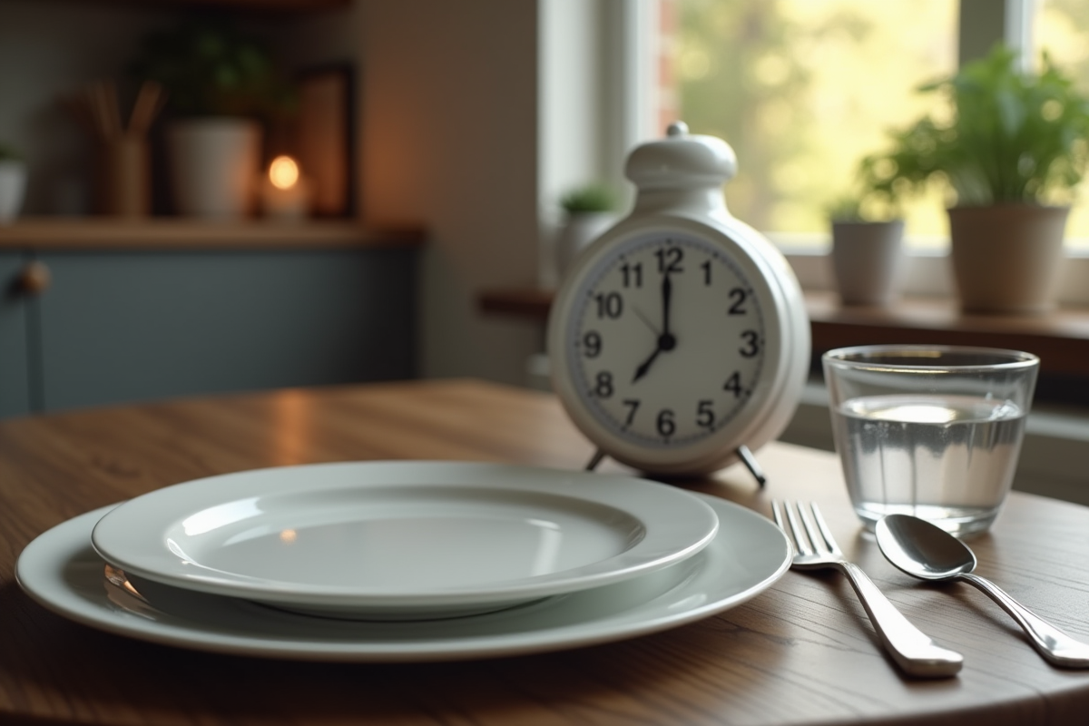 Assiette vide avec eau et horloge pour jeûne intermittent
