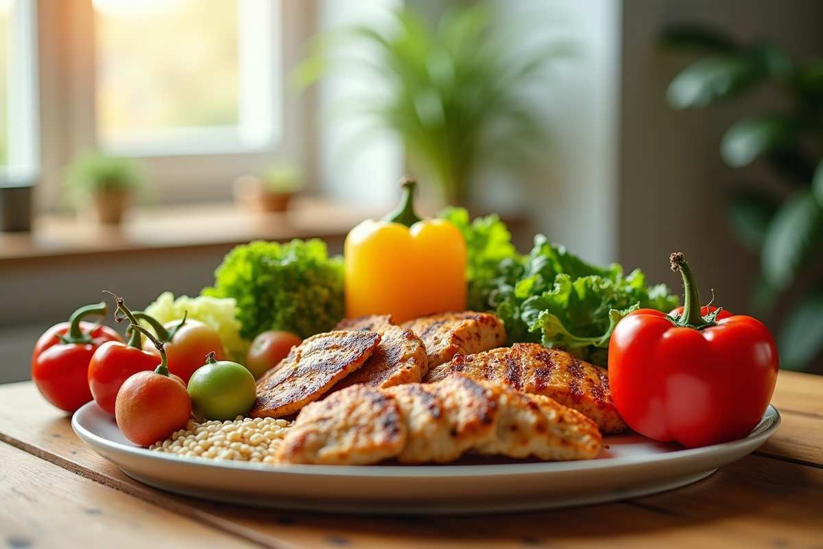 Assortiment de légumes frais poulet grillé et grains complets sur une table
