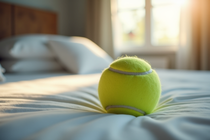 Balle de tennis sur un lit au matin calme