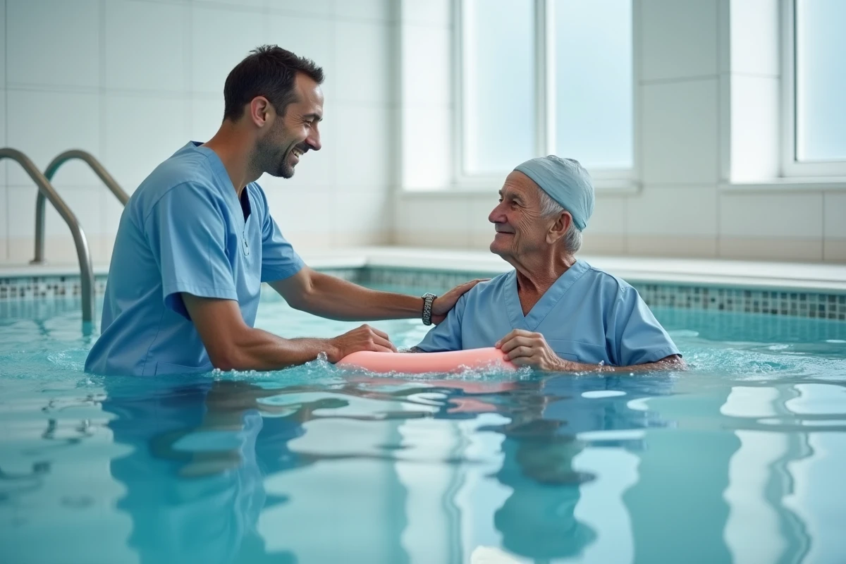 Kinésithérapeute guidant un patient âgé lors d'un exercice de balnéothérapie en établissement thermal