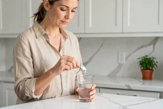 Femme préparant une solution de bicarbonate alimentaire dans un verre d'eau pour soulager les ballonnements