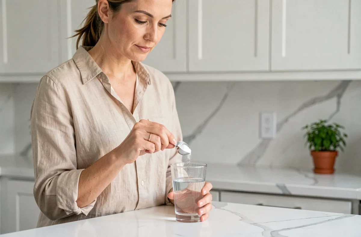 Femme préparant une solution de bicarbonate alimentaire dans un verre d'eau pour soulager les ballonnements