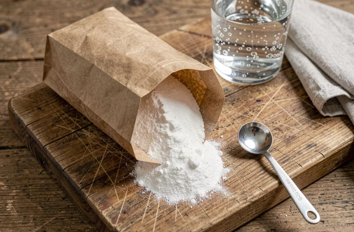 Gros plan sur un sachet de bicarbonate alimentaire avec une cuillère doseuse sur une planche en bois rustique