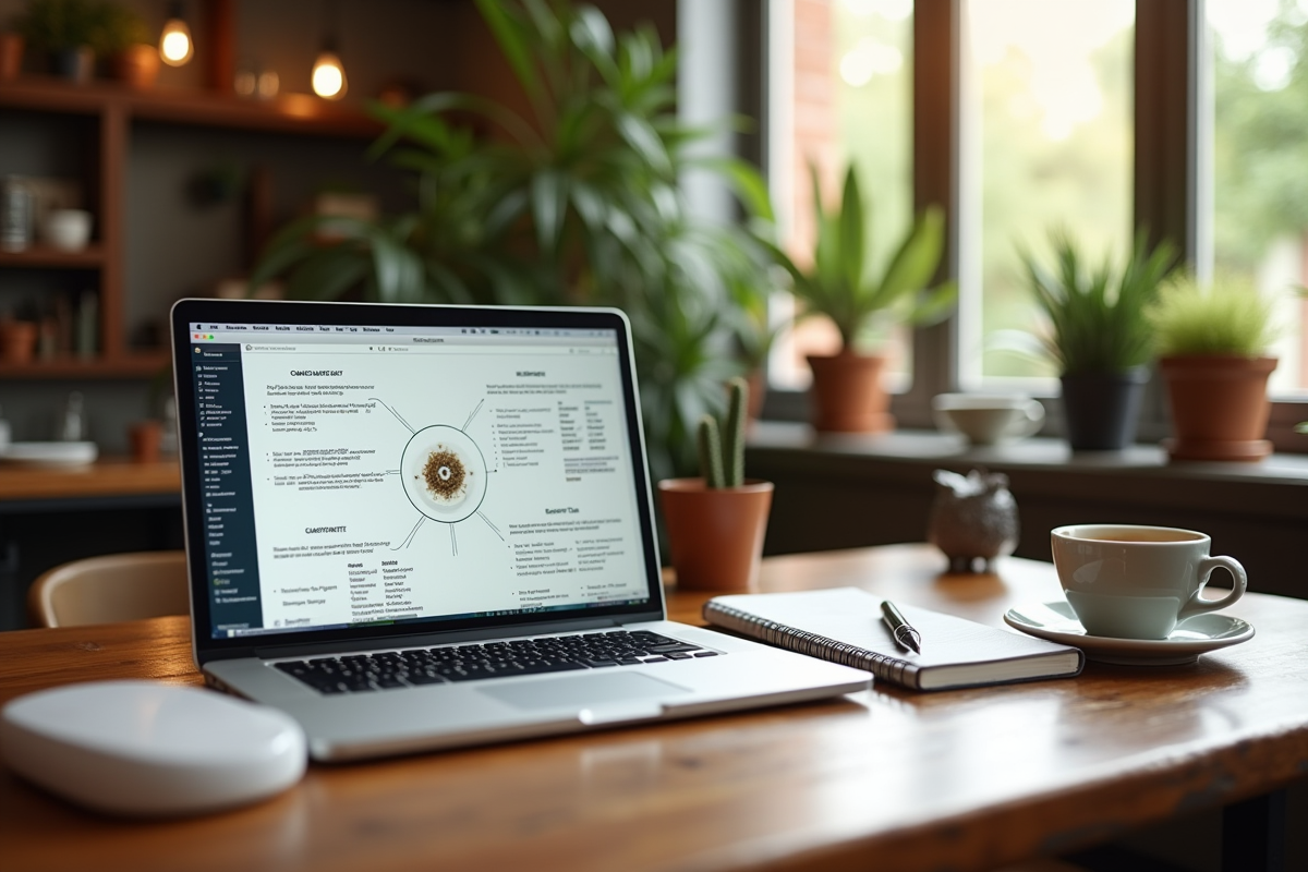 Espace de travail naturopathique dans un café cosy