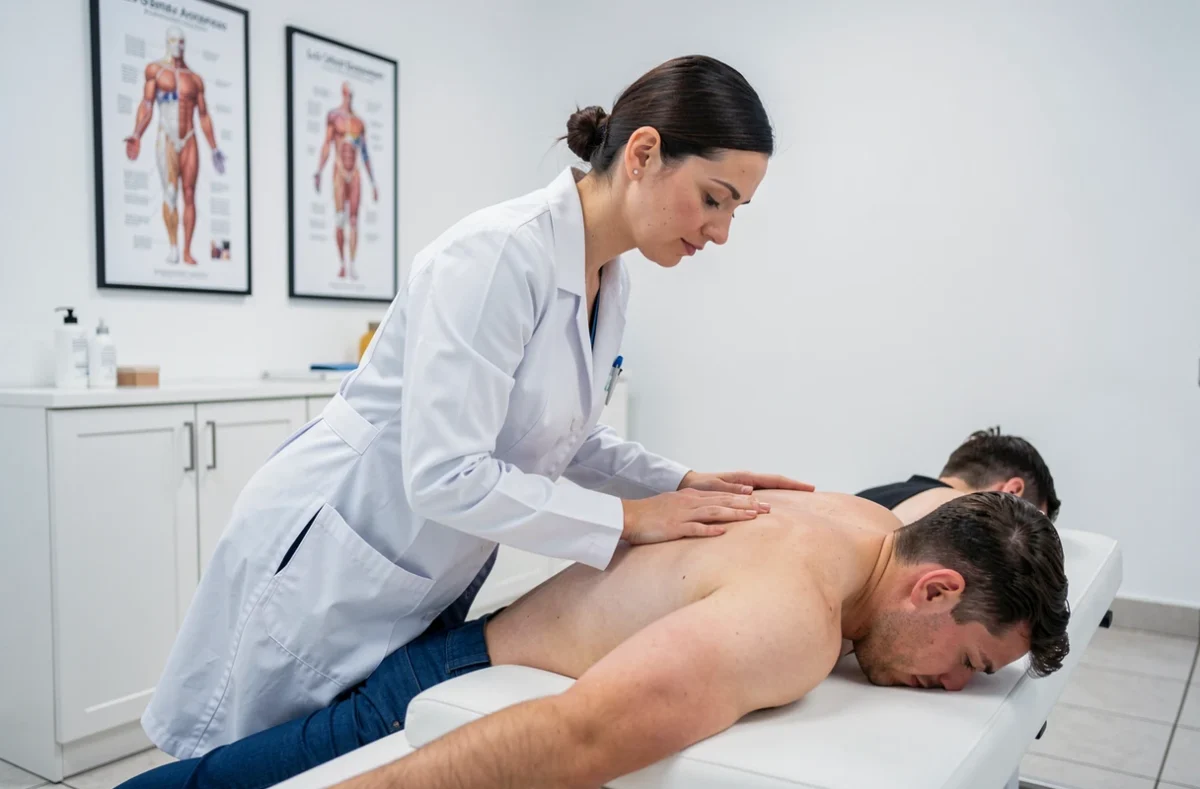 Ostéopathe femme examinant le dos d'un patient dans le cabinet d'ostéopathie Des Arènes à Toulouse