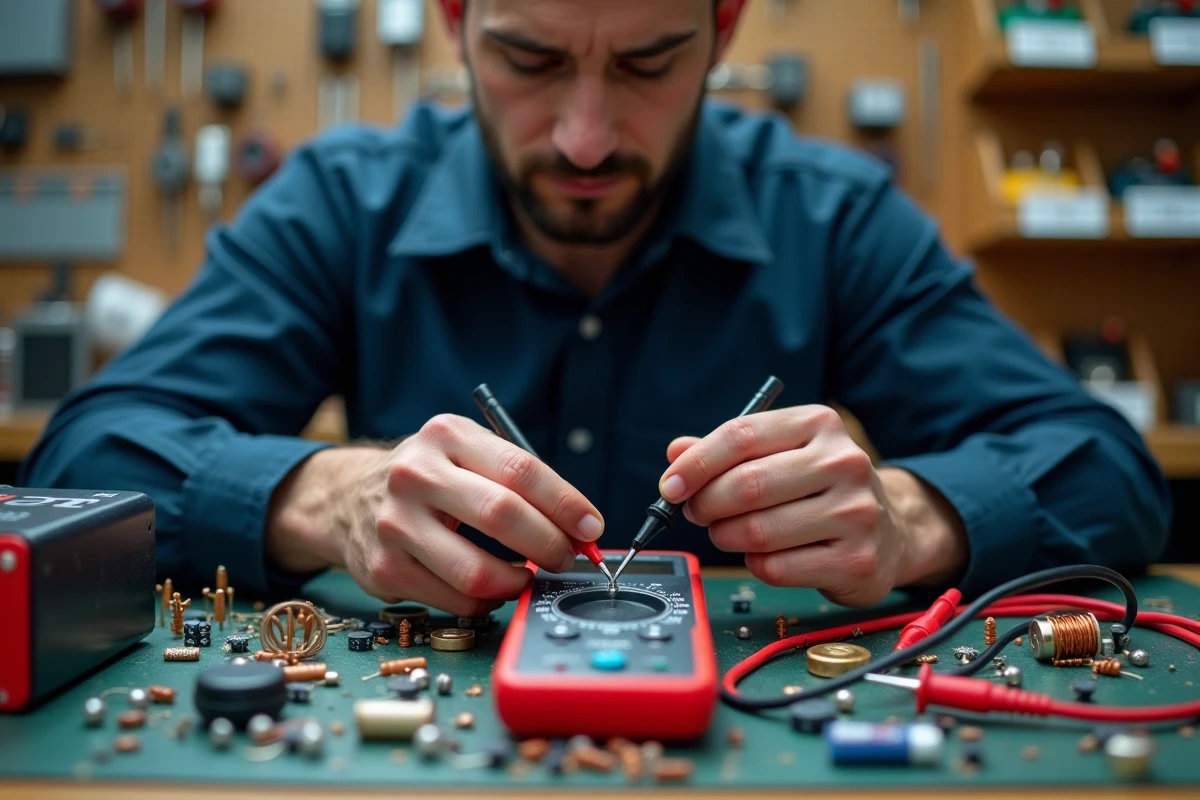 Technicien électricien mesurant une tension avec un multimètre numérique sur un établi d'électronique