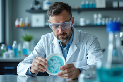 Scientifique en blouse blanche examinant une boite de Petri