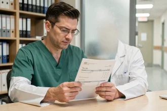 Chirurgien en blouse blanche analysant sa fiche de paie hospitalière dans un bureau administratif