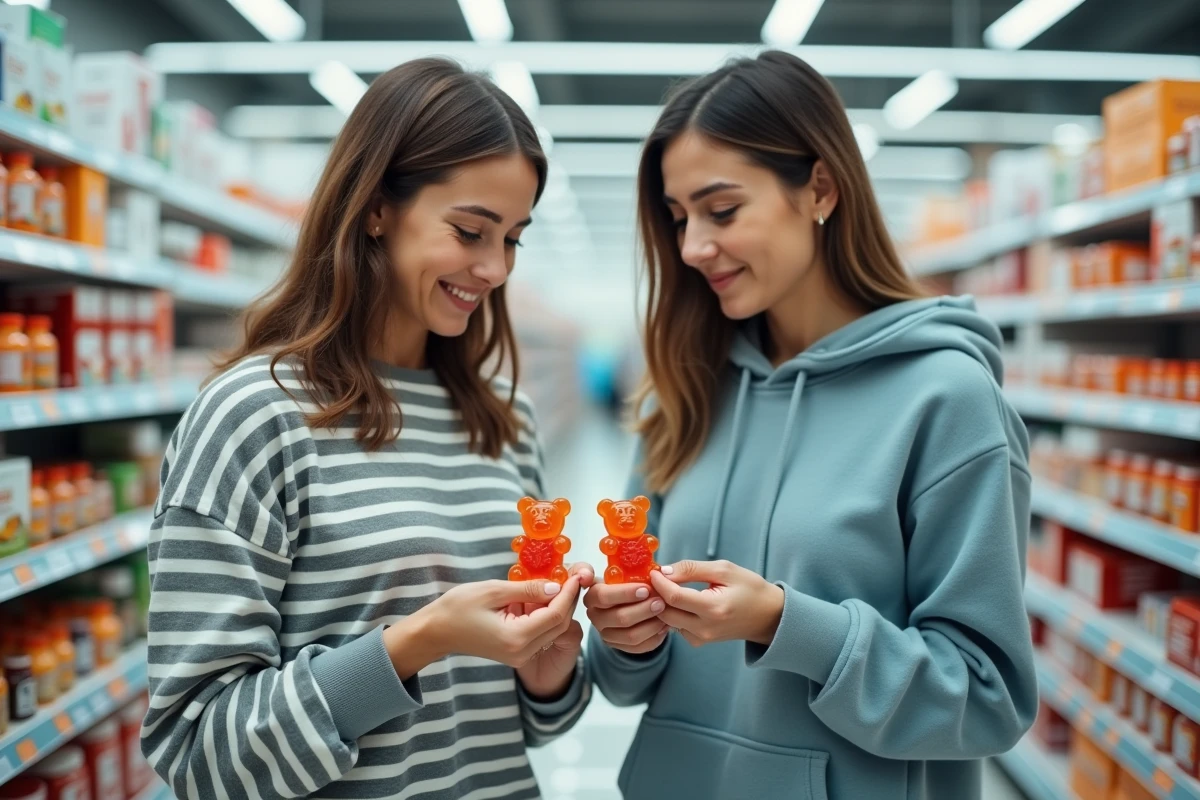Deux femmes en pharmacie comparant des produits Bears with Benefits dans le rayon compléments alimentaires