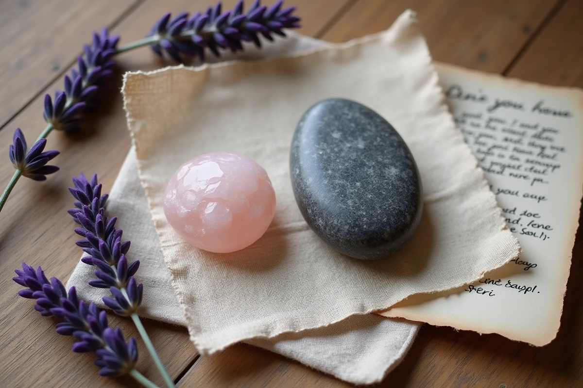 Comparaison entre une worrying stone en quartz rose et une pierre de méditation en basalte sur tissu de lin
