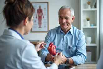 Patient âgé en consultation cardiologique discutant de la durée de vie d'un stent coronaire avec son médecin