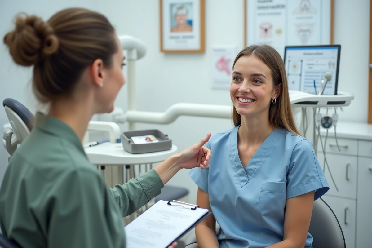 Femme consultant une hygiéniste dentaire en cabinet pour jaunissement des dents après grossesse, scène de consultation réaliste