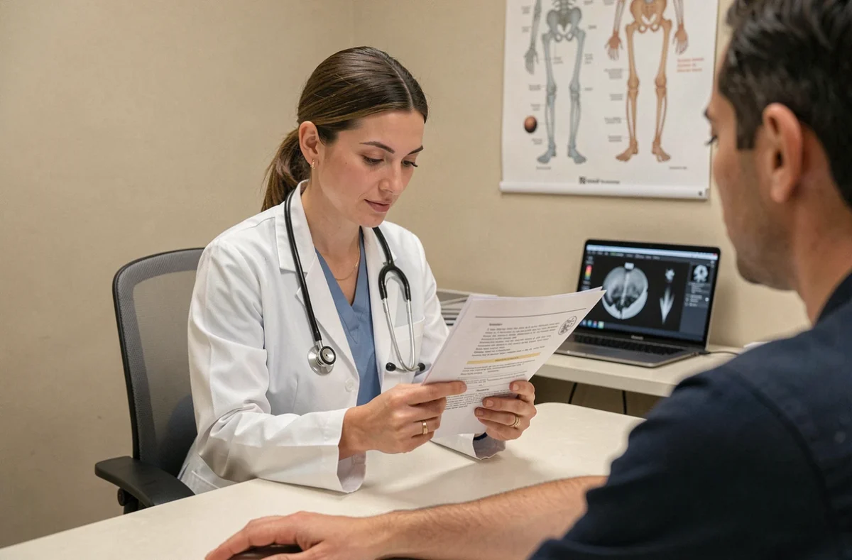 Médecin orthopédiste expliquant un rapport d'imagerie médicale à son patient lors d'une consultation pour suspicion d'hématome osseux