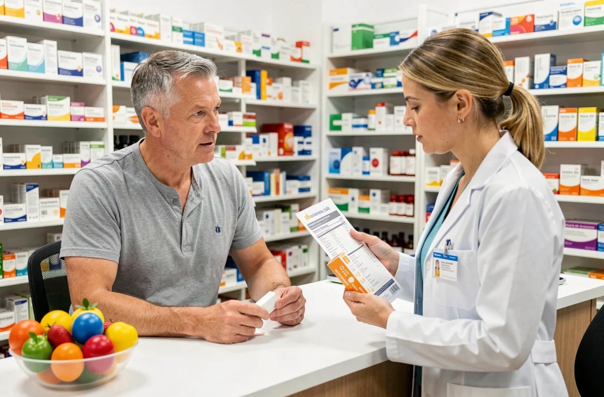 Patient en consultation avec une pharmacienne discutant du choix entre vitamine D naturelle et compléments alimentaires
