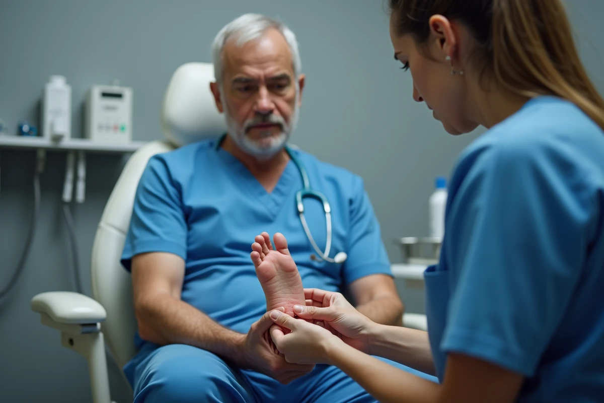 Patient en consultation podologique examinant la repousse d'un ongle de pied traumatisé par un professionnel de santé