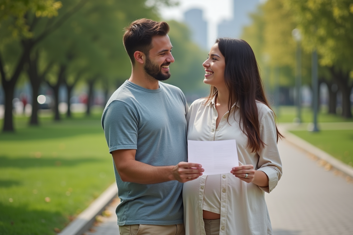 Jeune couple enceinte se promenant dans un parc urbain en souriant