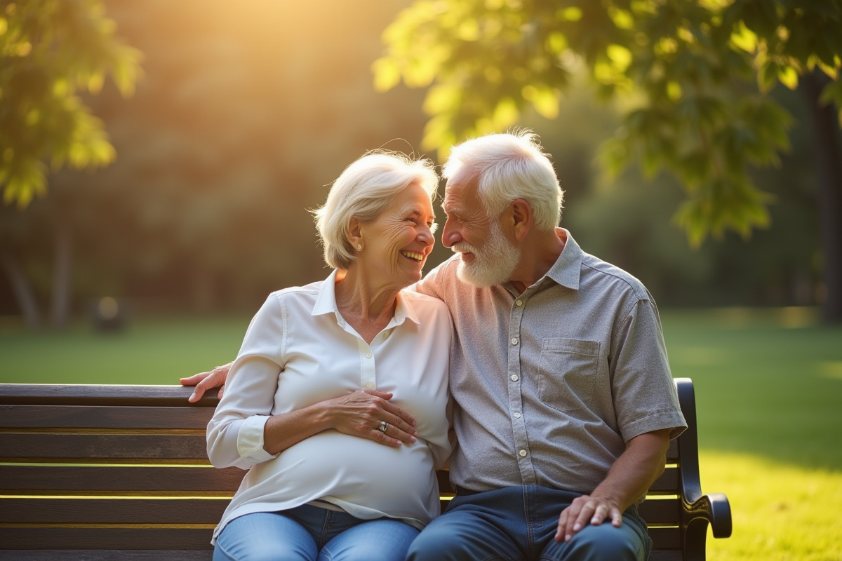 Couple mature dans un parc partageant un moment tendre