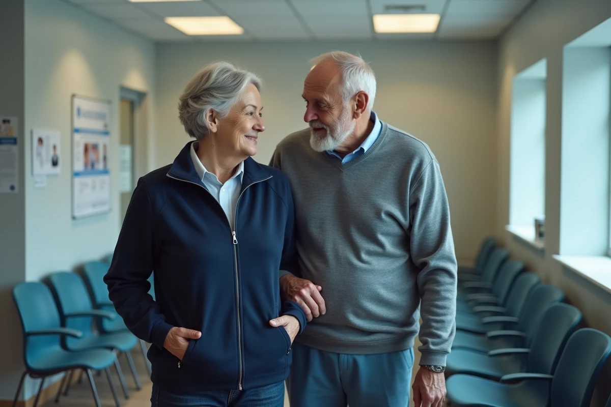 Couple de seniors dans une salle d'attente médicale, la femme légèrement déséquilibrée soutenue par son mari