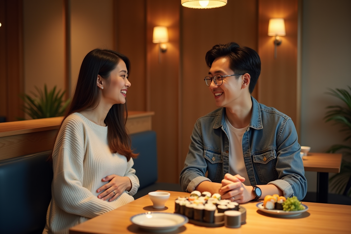 Couple souriant avec sushi dans un restaurant chaleureux
