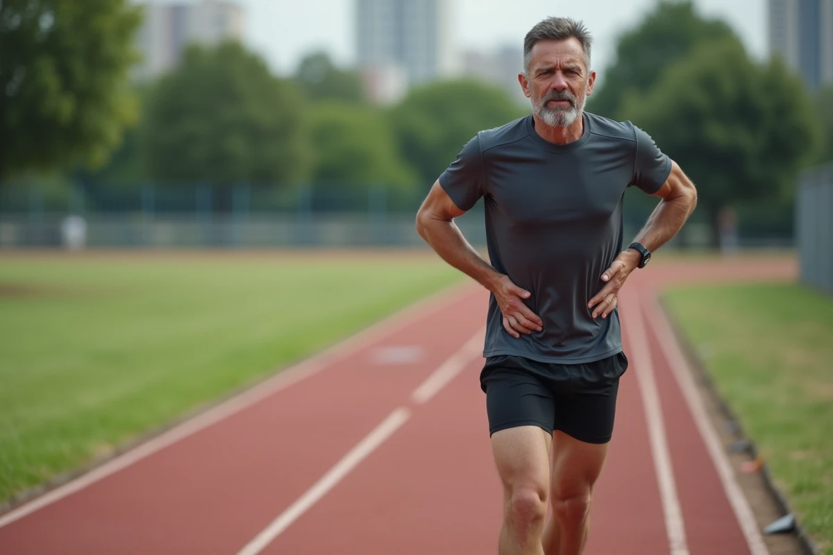 Coureur masculin s'arrêtant sur piste d'athlétisme en raison d'une douleur au coccyx