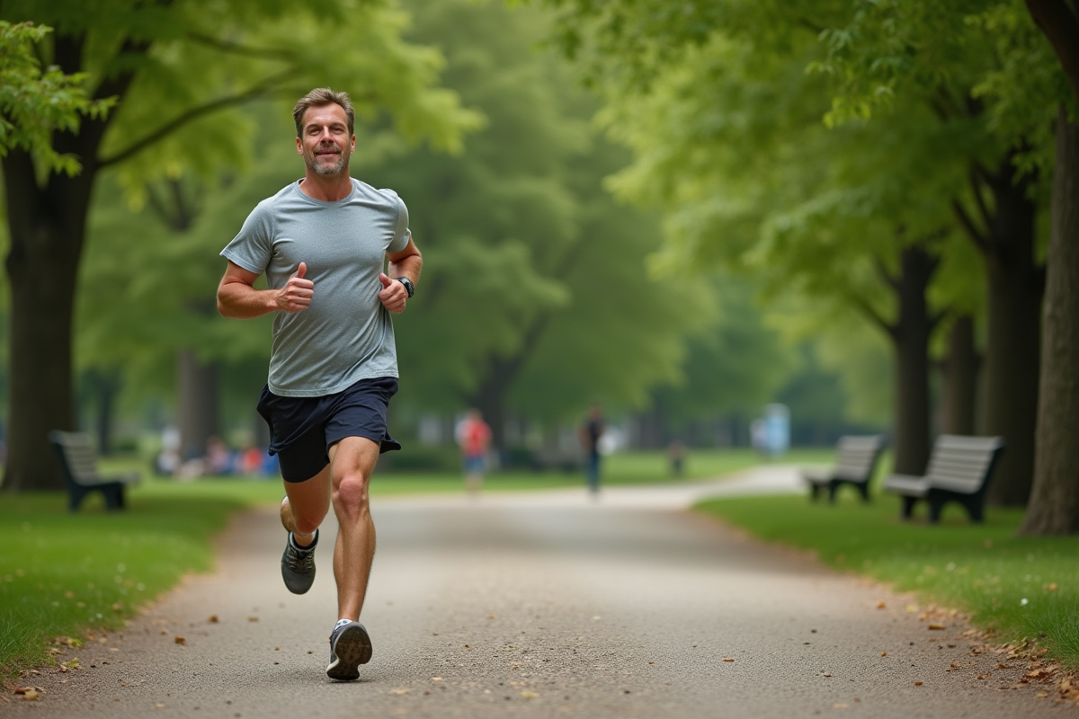 Homme courant dans un parc verdoyant en pleine nature