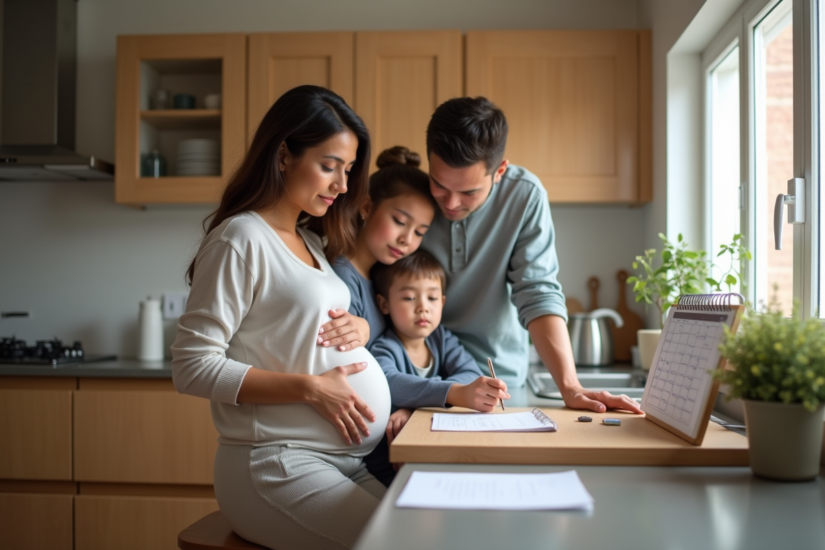 Femme enceinte dans une cuisine chaleureuse avec famille