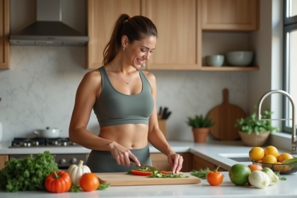 Femme en cuisine préparant un repas sain avec concentration