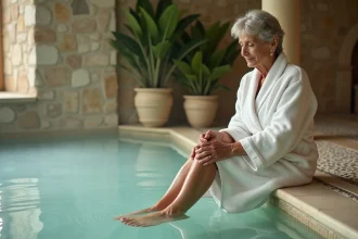 Femme en robe de bain dans un établissement thermal pour cure de rhumatologie et phlébologie