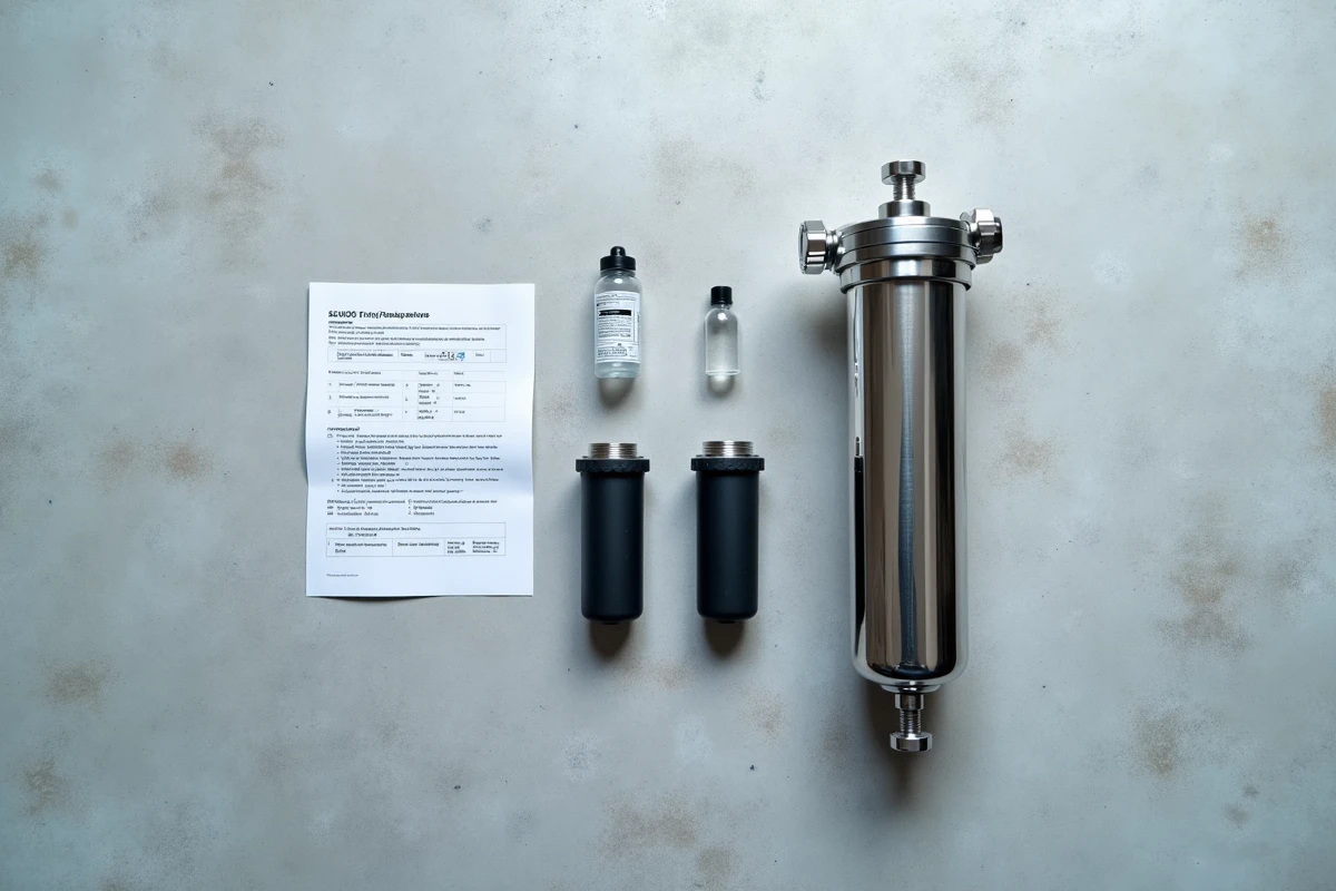 Vue aérienne d'un filtre Berkey démonté avec éléments filtrants, rapport de test et flacon d'analyse sur béton gris