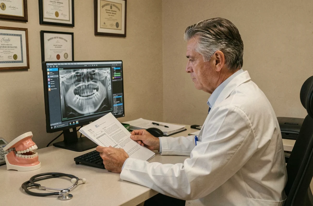 Dentiste analysant des résultats et un dossier médical dans son cabinet lors d'un suivi de patient