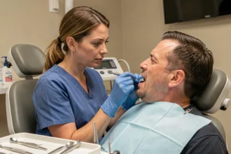 Dentiste examinant la langue d'un patient adulte lors d'un dépistage buccal en cabinet dentaire