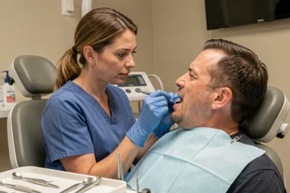 Dentiste examinant la langue d'un patient adulte lors d'un dépistage buccal en cabinet dentaire