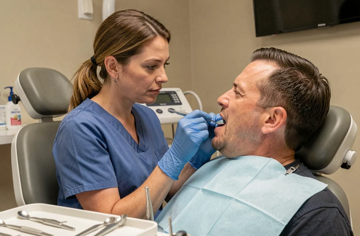 Dentiste examinant la langue d'un patient adulte lors d'un dépistage buccal en cabinet dentaire