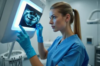 Dentiste examinant une radiographie dentaire dans un cabinet moderne pour évaluer une dent dévitalisée douloureuse