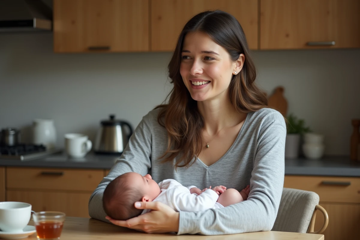 Mère allaitante souriante avec son nourrisson dans les bras en cuisine, dents naturellement jaunies visibles dans une scène du quotidien