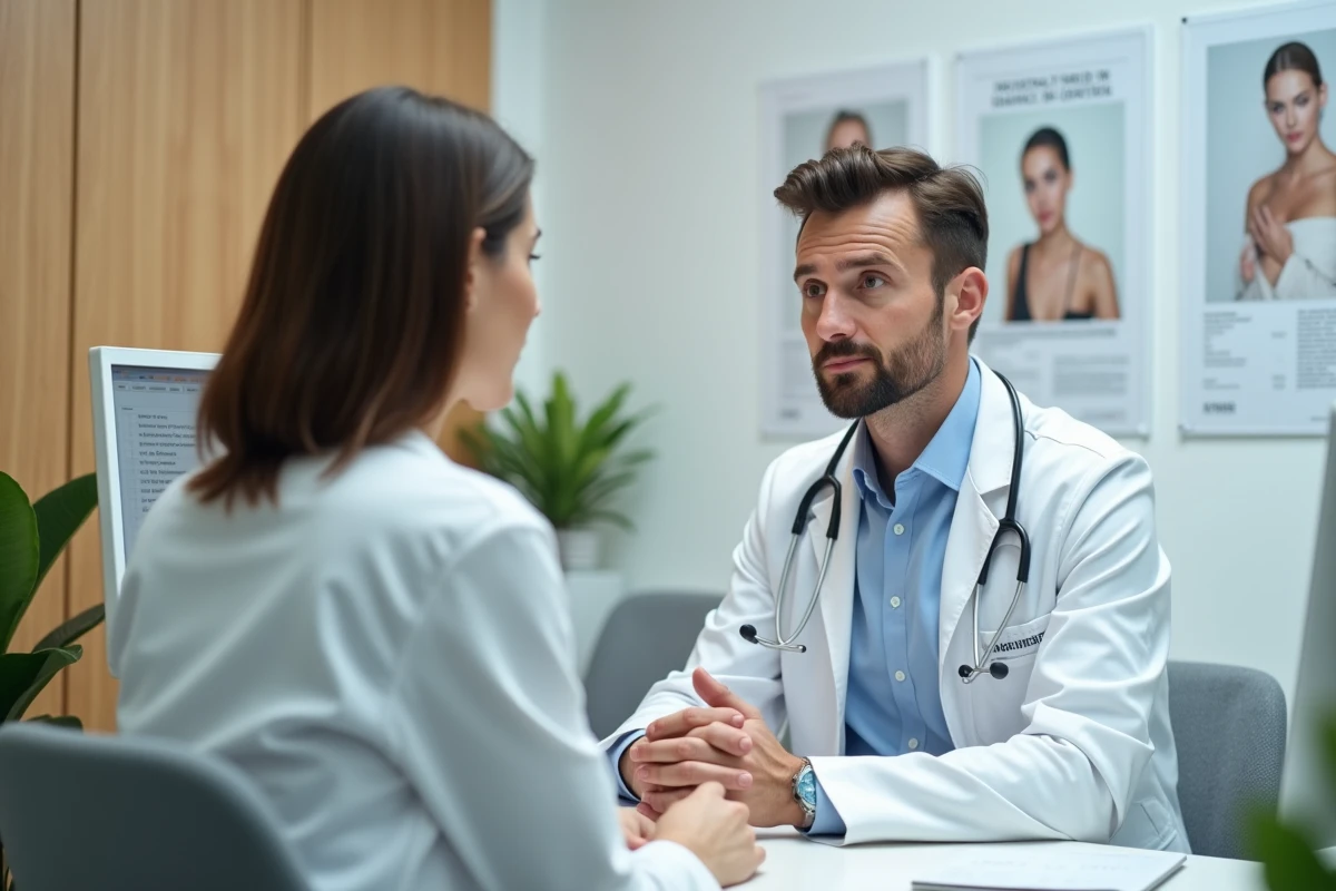 M&eacute;decin dermatologue en consultation avec une jeune femme