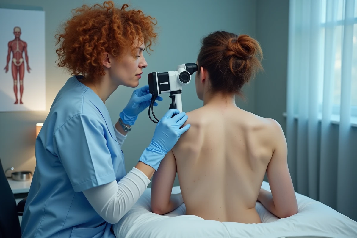 Dermatologue examinant une verrue séborrhéique dans le dos d'un patient avec un dermatoscope en cabinet médical