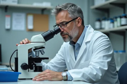 Pathologiste en blouse blanche analysant un microscope en laboratoire