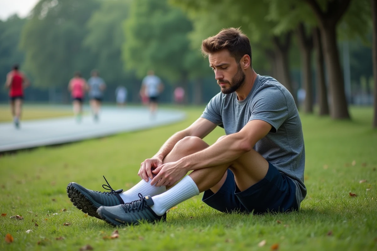 Coureur assis sur l'herbe retirant sa chaussure de running et inspectant le dessus de son pied après l'effort