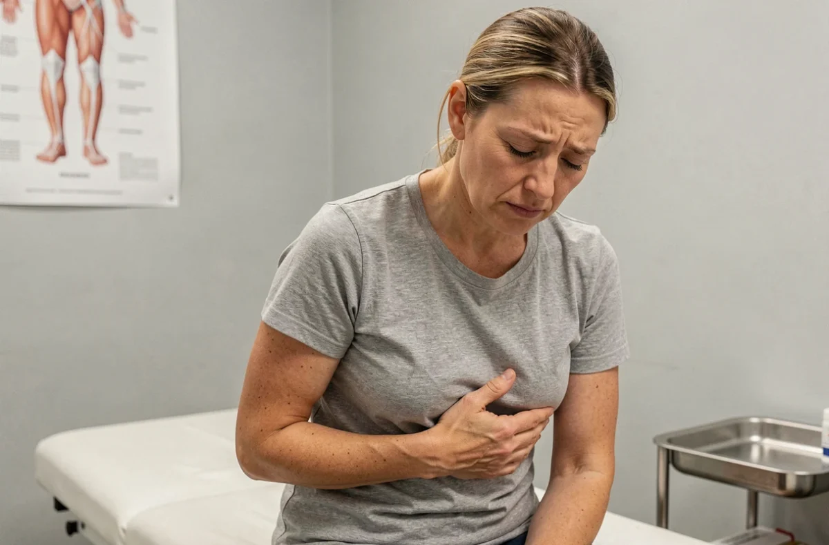 Femme tenant son côté droit sous les côtes dans un cabinet médical, exprimant une douleur abdominale