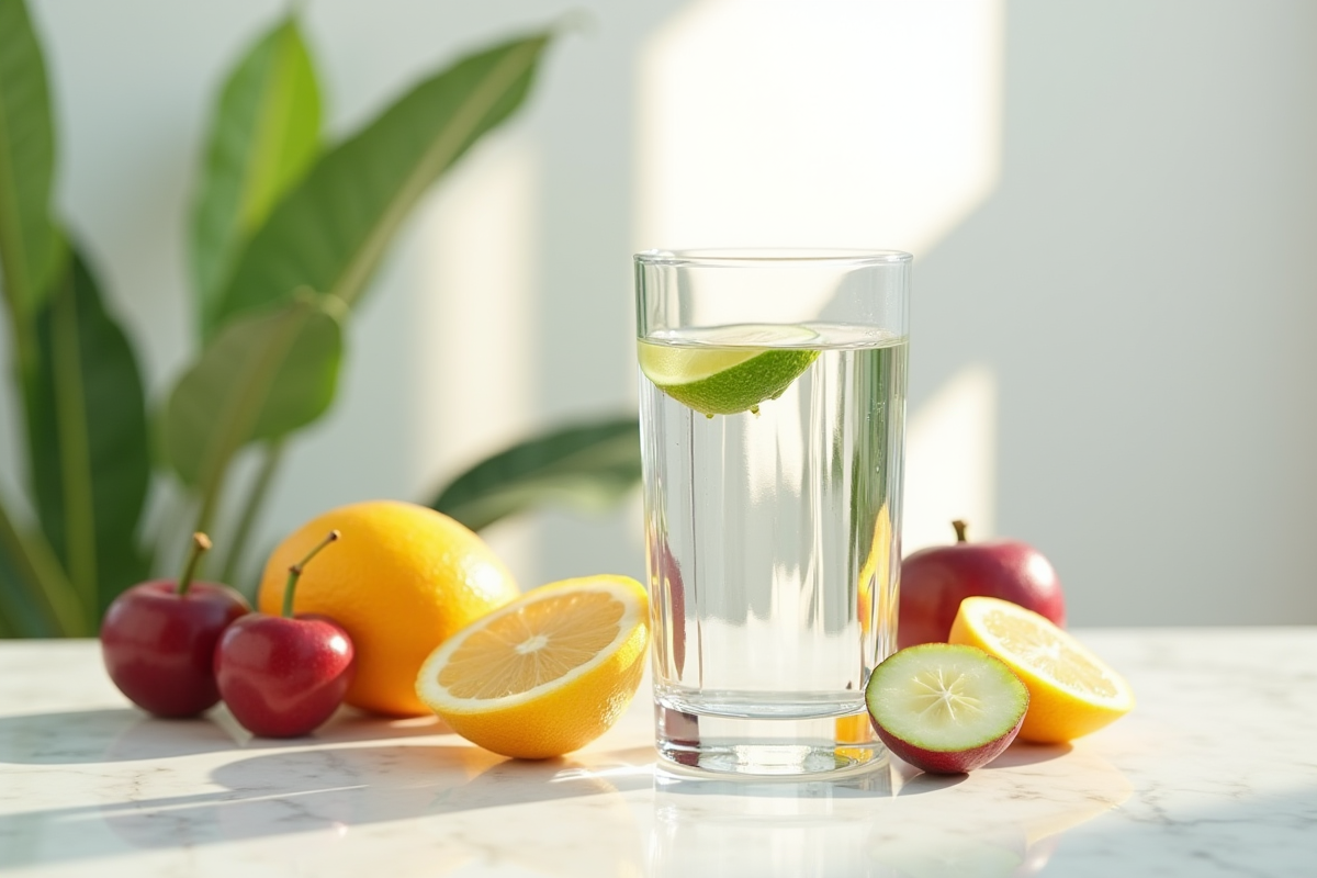 Eau fraîche entourée de fruits et de feuilles vertes sur un plan de travail