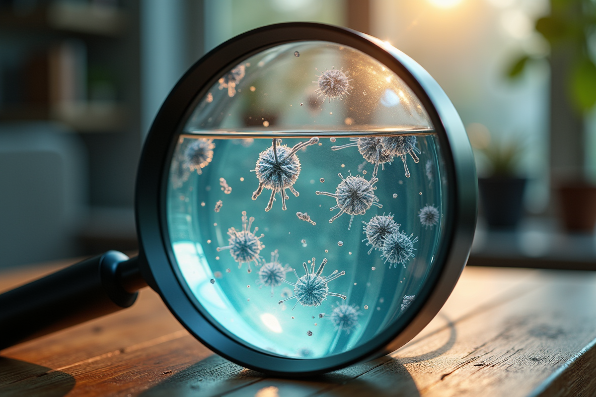Eau trouble avec bactéries visibles sous loupe sur une table en bois